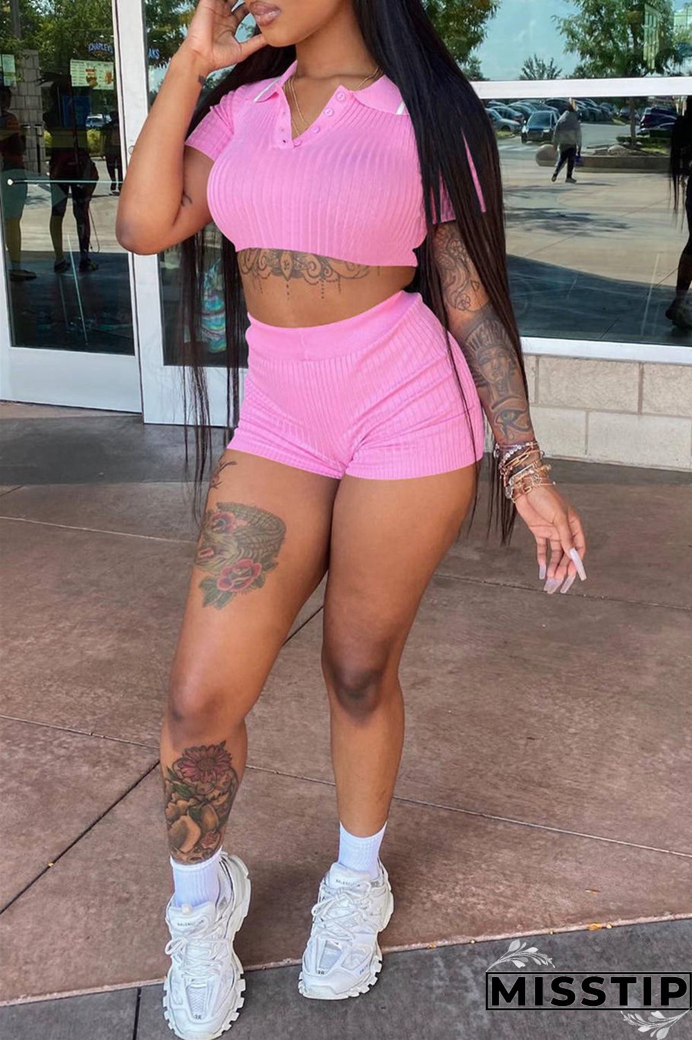 Black Fashion Casual Solid Basic Turndown Collar Short Sleeve Two Pieces