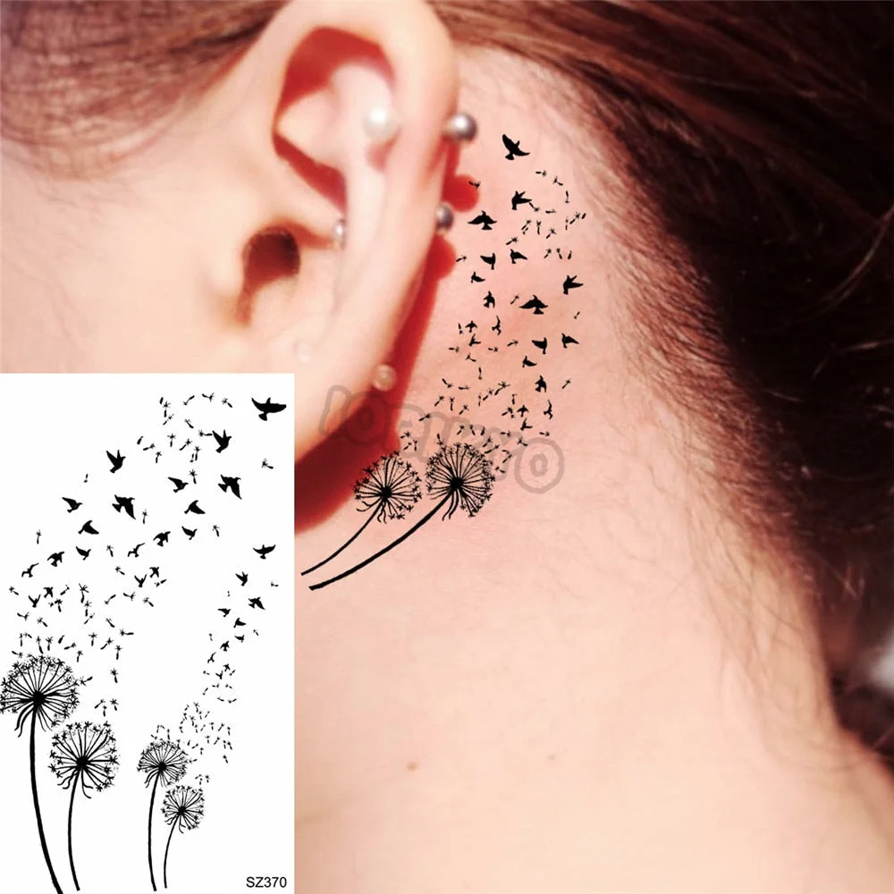 Black Pencil Sketch Henna Lotus Temporary Tattoos For Women Girls Realistic Planet Dandelion Fake Tattoo Sticker Back Arm Tatoos