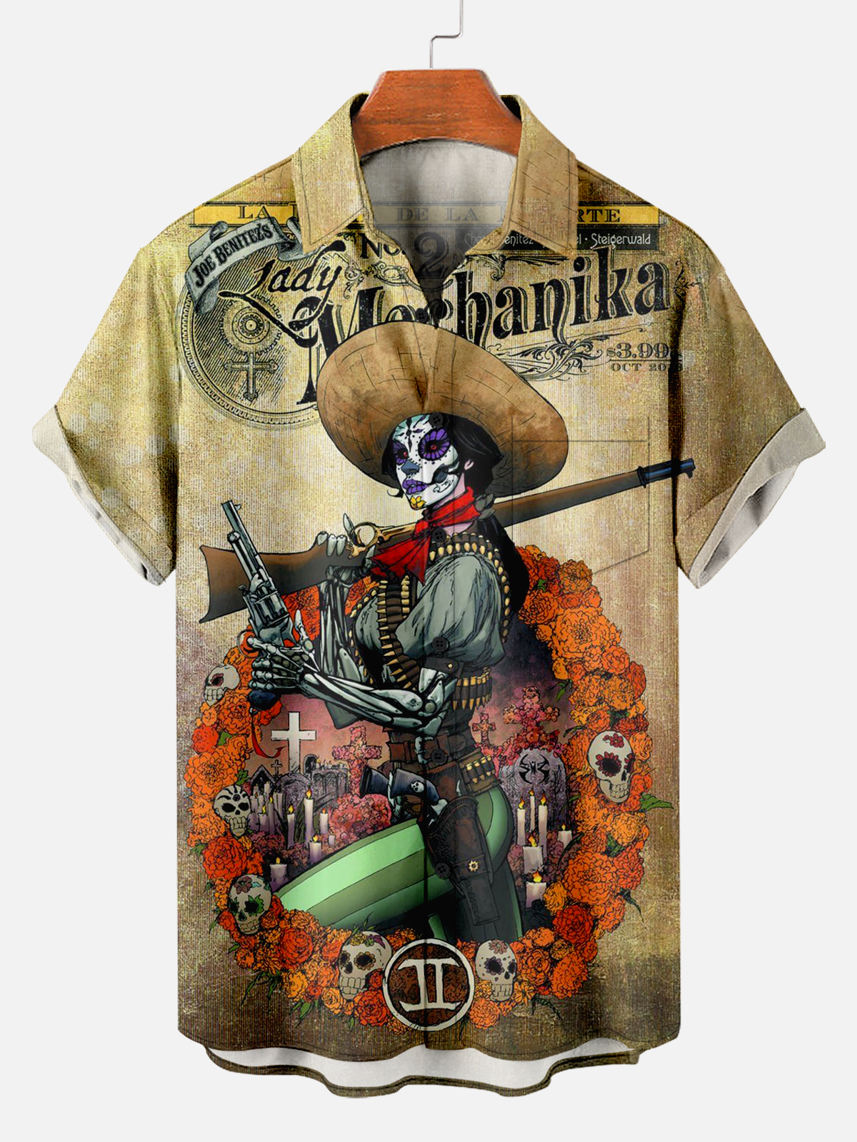 Men's Comfortable Vintage Day of the Dead Horror Girl Print Shirt PLUSCLOTHESMAN