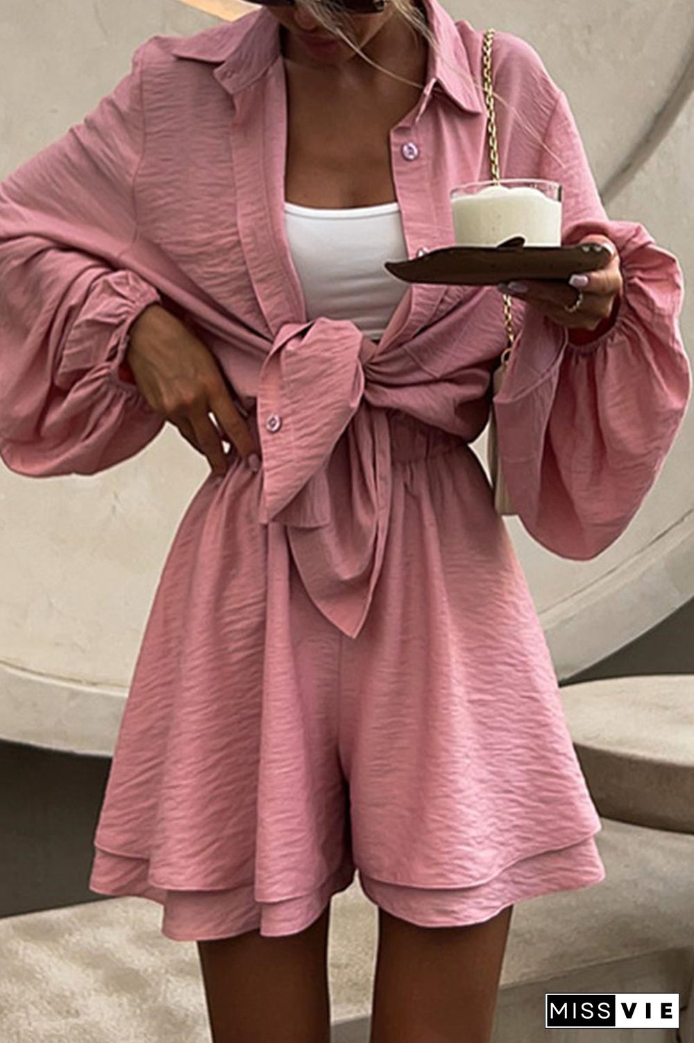 Sweet Solid Turndown Collar Long Sleeve Two Pieces