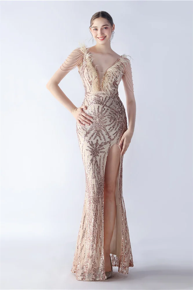 Bellasprom V-Neck Sequins Prom Dress Mermaid Sequins High Slit On Sale