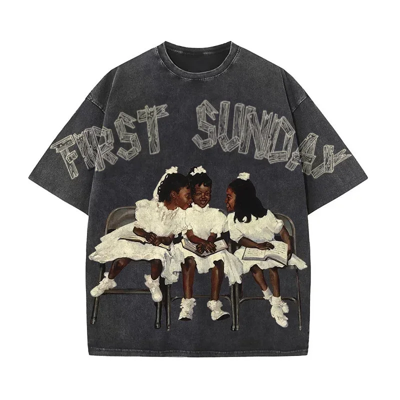 Aonga Summer harajuku Y2K Street Trend Short-sleeved Hottie tops American vintage Children First Sunday Printed Washed T-shirt for Men aonga