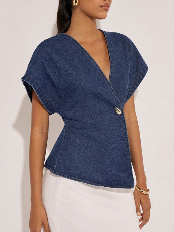 Split-Joint Raglan Sleeve V-neck Blouses&shirts Tops NAVY BLUE-S