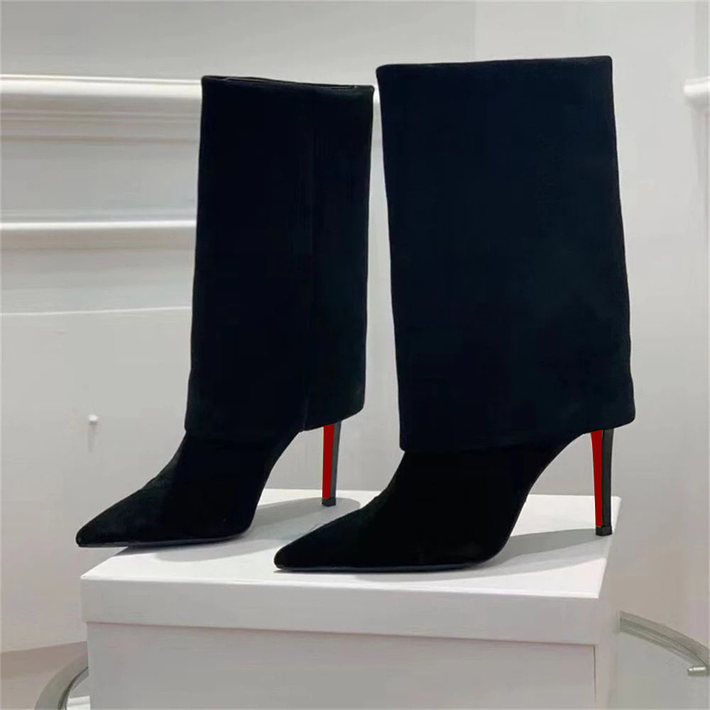 100mm Women's Pointed Toe Stiletto Heel Red Bottom Ankle Boots Suede Boots-MERUMOTE