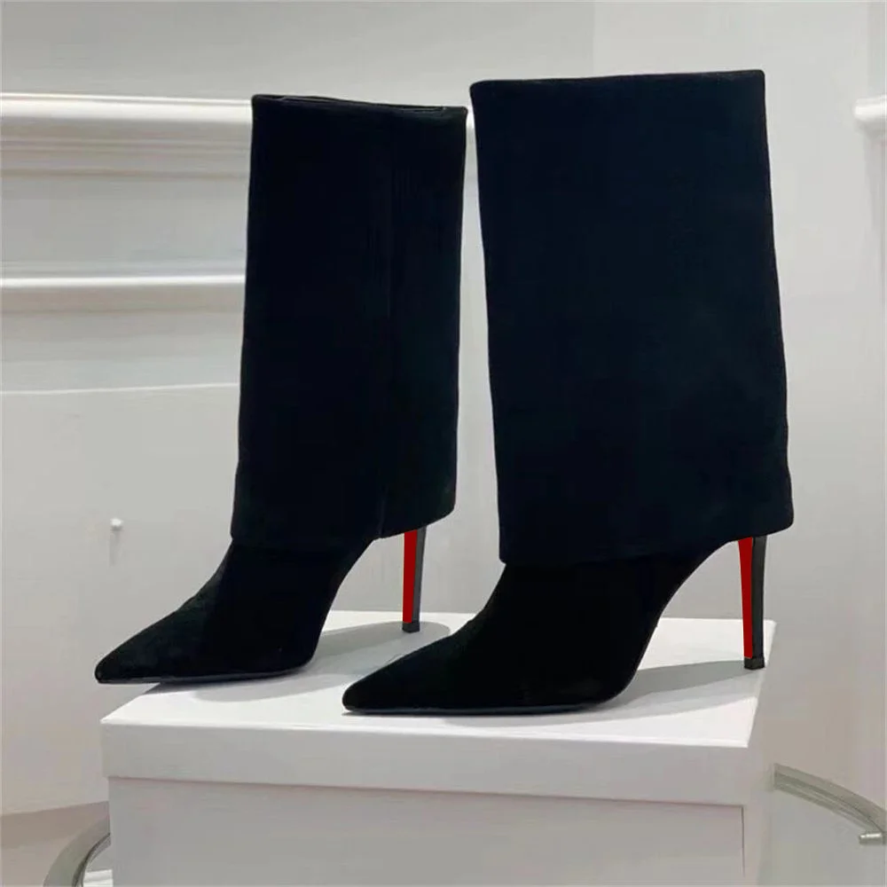 100mm Women's Pointed Toe Stiletto Heel Red Bottom Ankle Boots Suede Boots-MERUMOTE