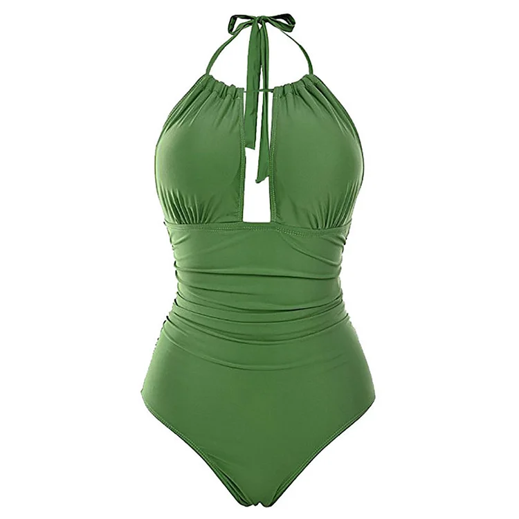 1950s Green Vacation Cut Out Halter Ruched One Piece Swimsuit