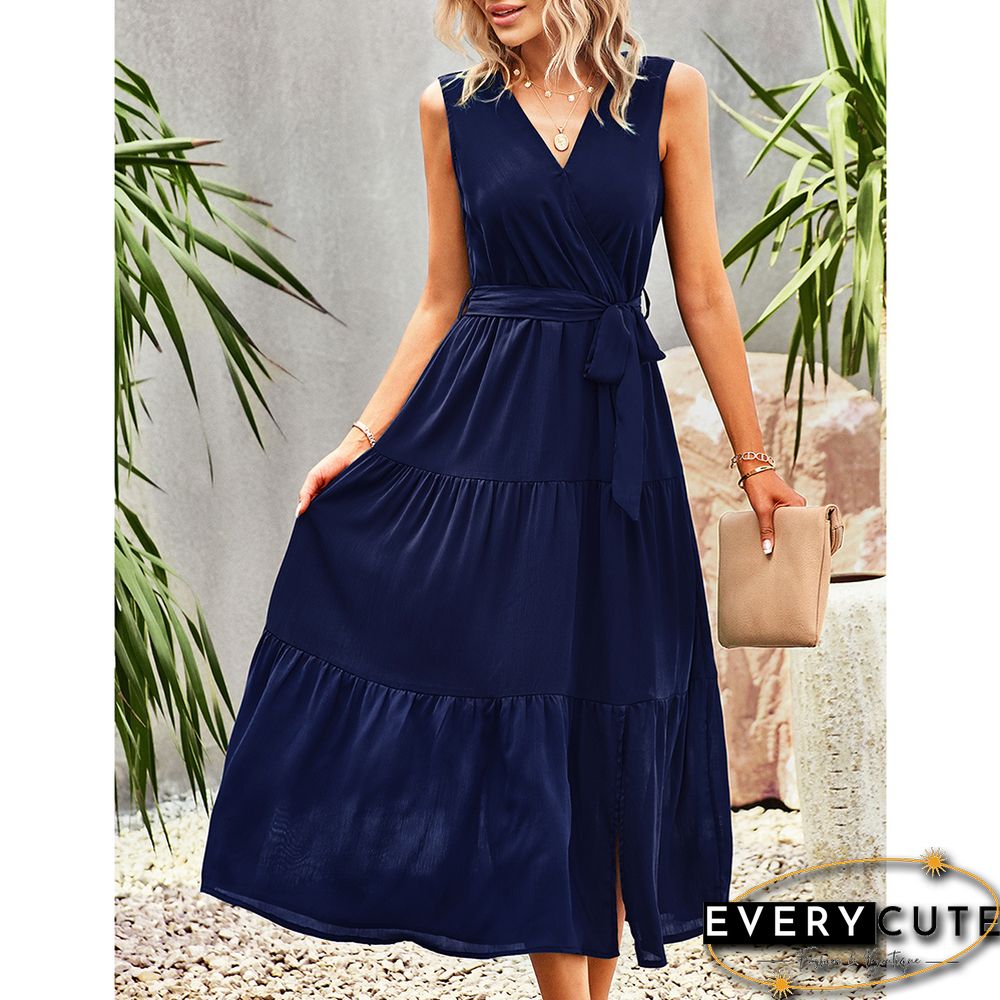 Navy Blue V Neck Sleeveless Tie Waist Midi Dress