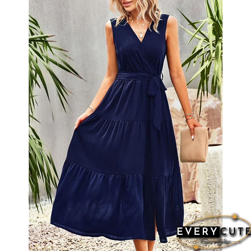 Navy Blue V Neck Sleeveless Tie Waist Midi Dress