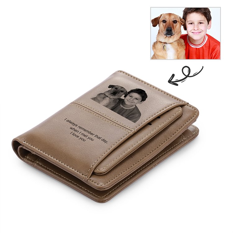 Custom Photo Engraved Wallet Short Style Bifold - Brown Leather