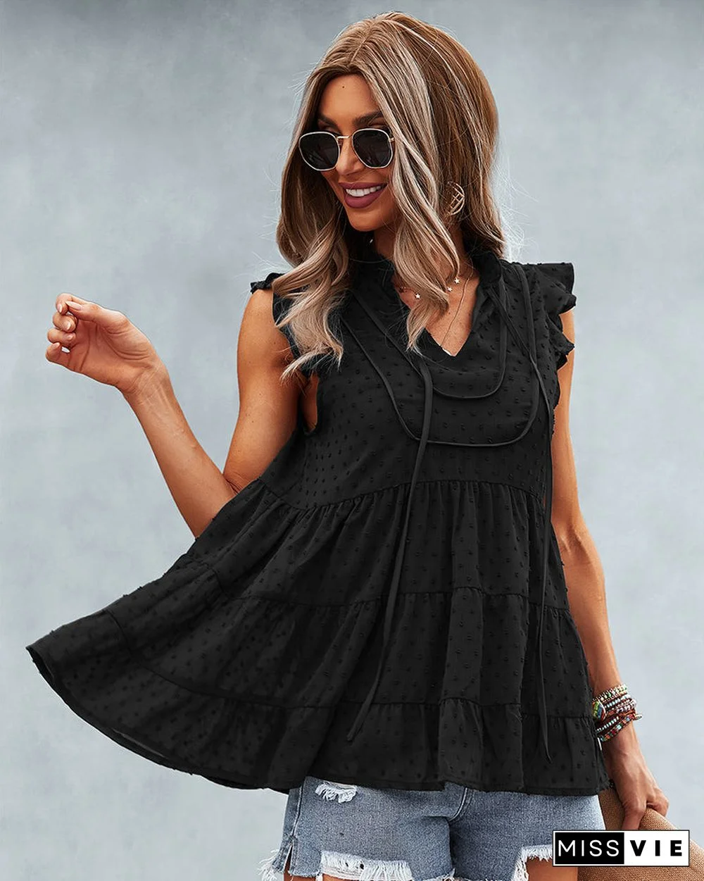 Ruffle Cap Sleeve V Neck Swiss Dot Tank Tops