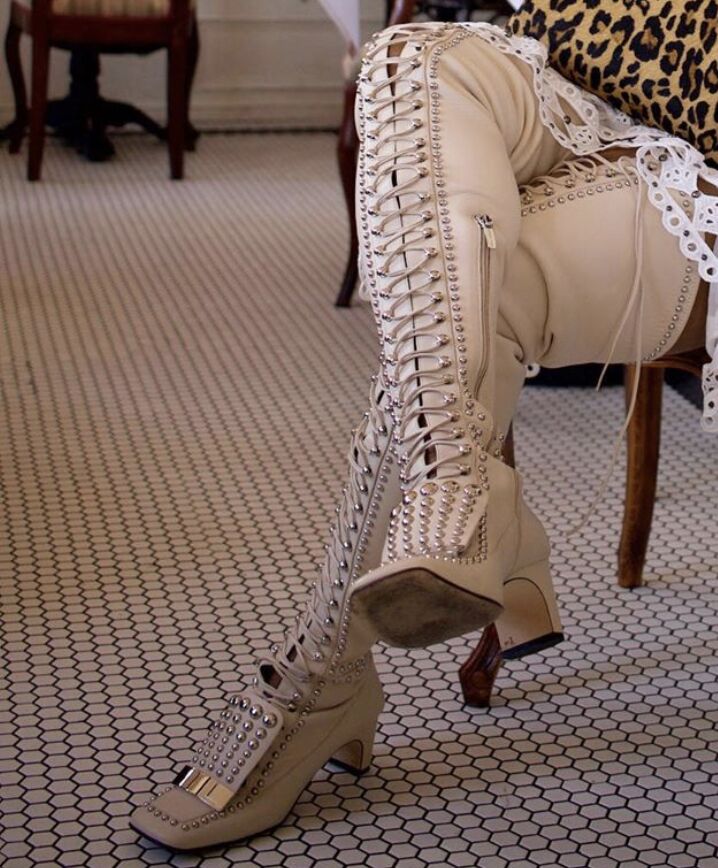 GOOSHOE Beige Thigh High Studded Lace up Boots