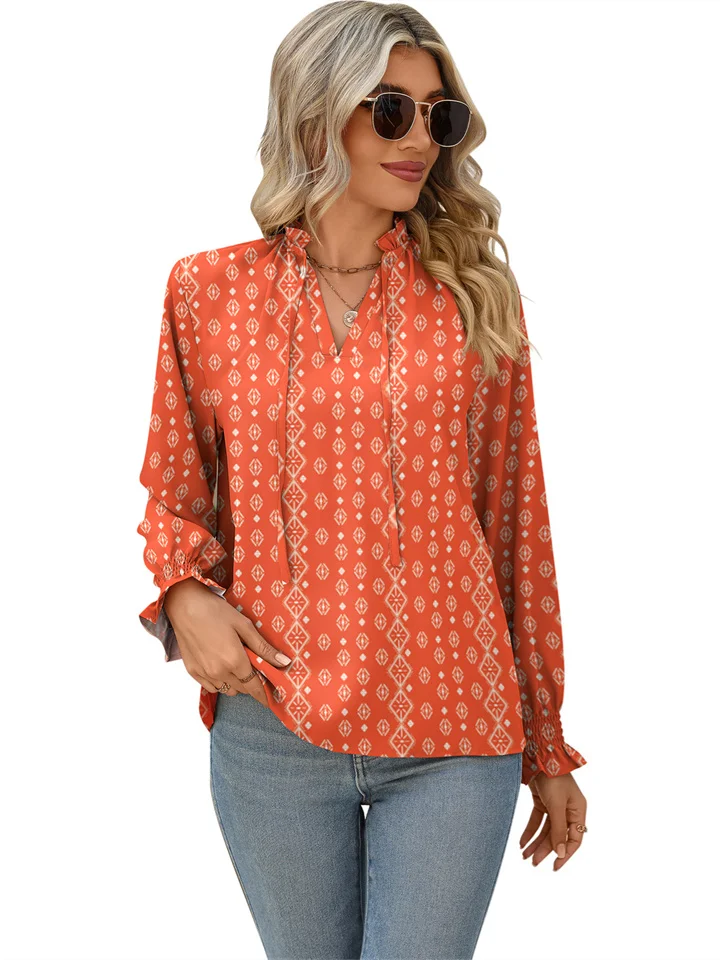 Spring and Summer New Ruffle Loose Type Women's Light Opaque Print V-neck Lacing Flared Sleeve Long-sleeved Shirt Hot Explosive Models