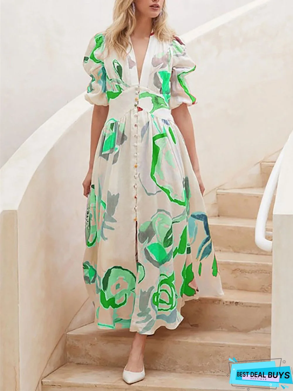 V-Neck Elegant Slim Print Dress