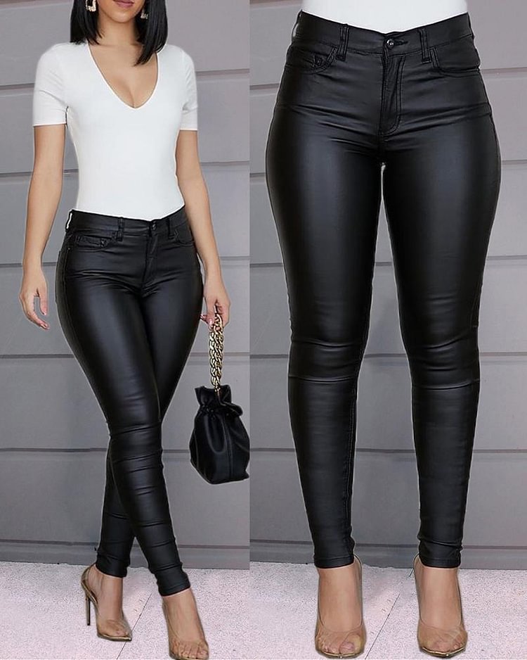 Solid Buttoned Casual Coated PU Pants