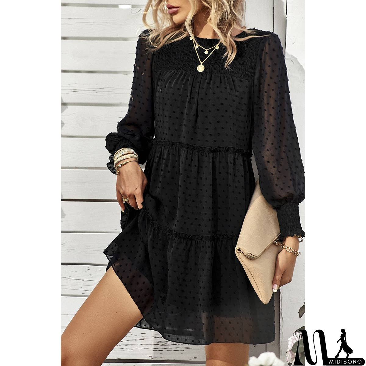 MidiSono - Dot Solid Ruched Color Block Ruffle Lined Midi Dress