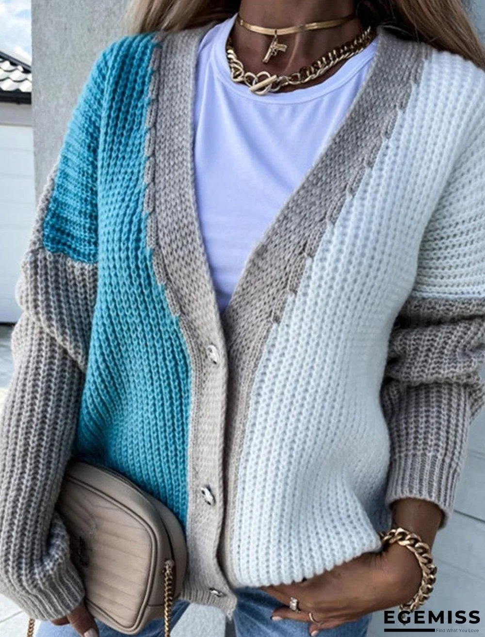 Casual Color Block Stitching Long-Sleeved Sweater Cardigan | EGEMISS