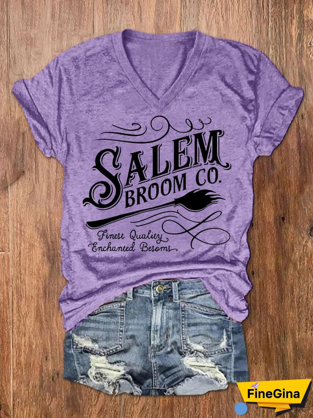 Women's Halloween Salem Broom Co. Casual V-Neck Tee