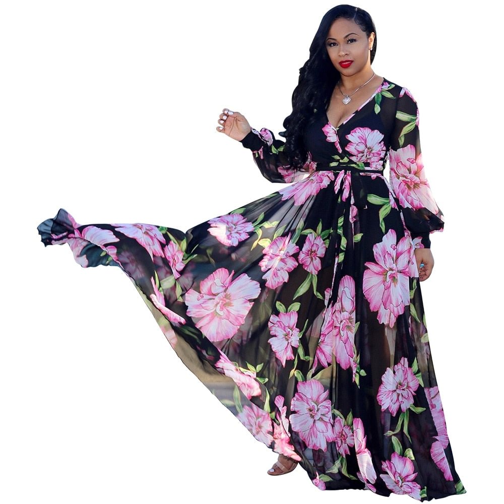 Summer Women Long Maxi Dress V-Neck Print Night Club Party Beach Sexy Elegant Street Sashes Dresses Vestidos GL8214