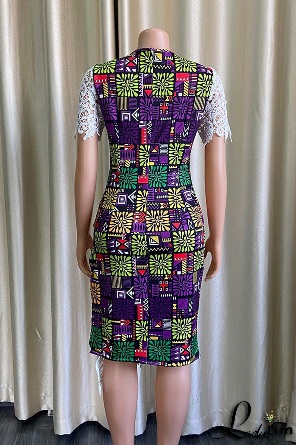 Purple Sexy Print Lace O Neck Irregular Dress Dresses