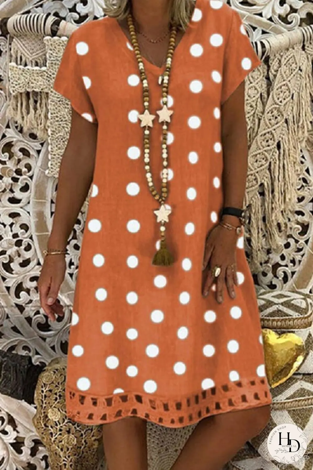 Fashion Casual V Neck Polka Dot Dress