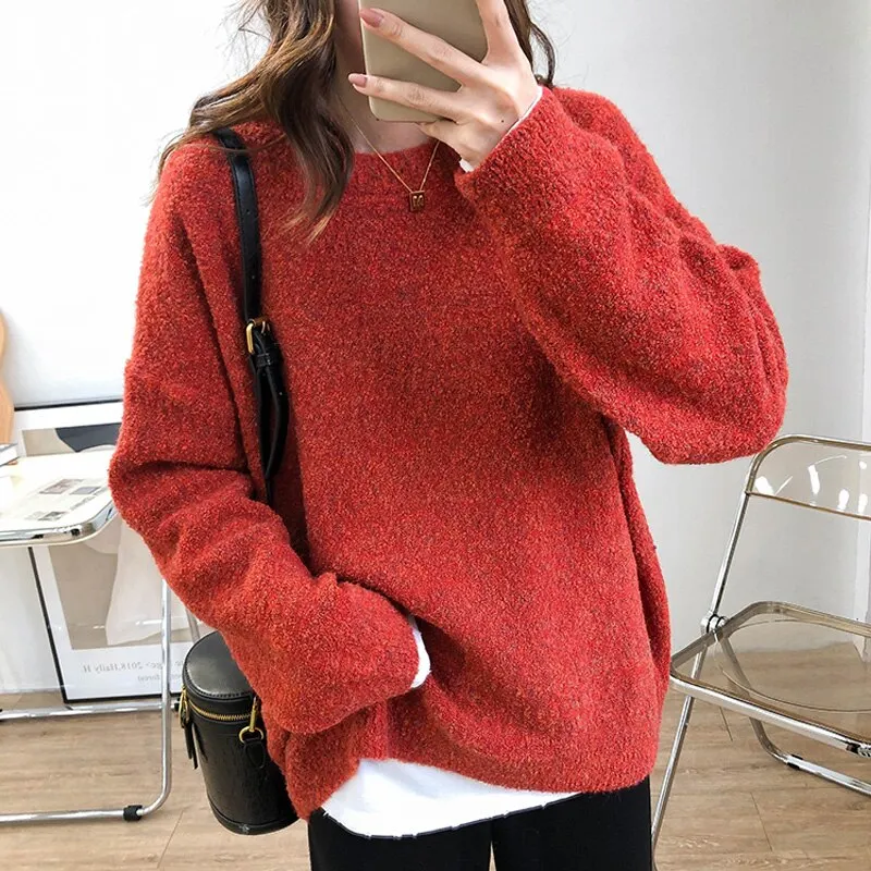 Autumn and winter women's sweater casual solid color round neck long sleeve loose sweater