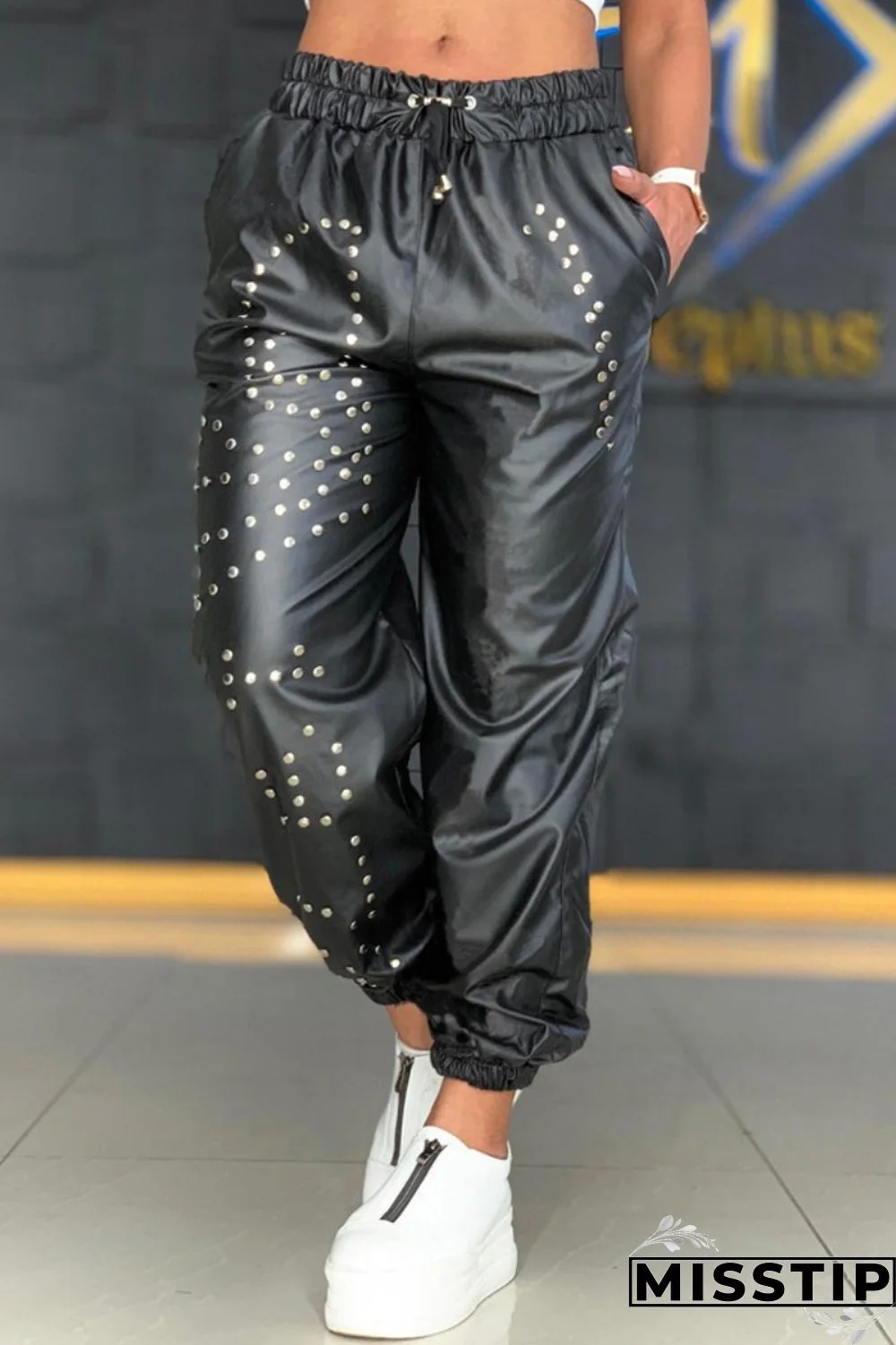 Black Casual Solid Patchwork Regular High Waist Conventional Trousers