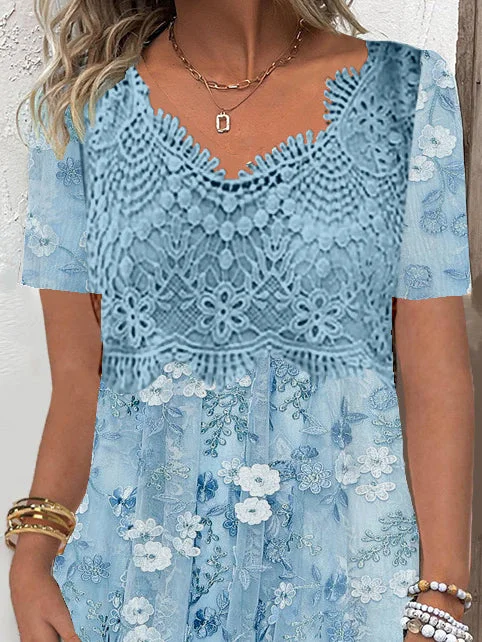 Women's Short Sleeve V-neck Floral Printed Lace Stitching Midi Dress