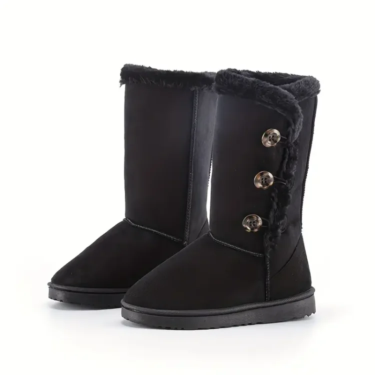 Women's Plush Mid Calf Boots, Keep Warm Solid Color Button Non Slip Flat Snow Boots