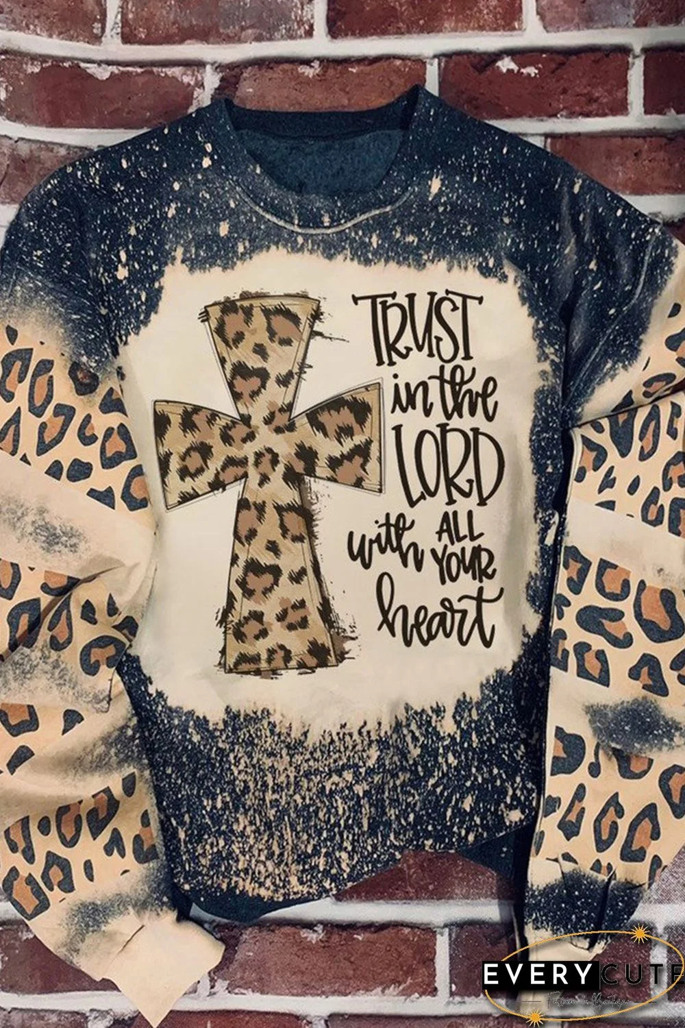 Black Faith Cross Leopard Insert Bleached Sweatshirt