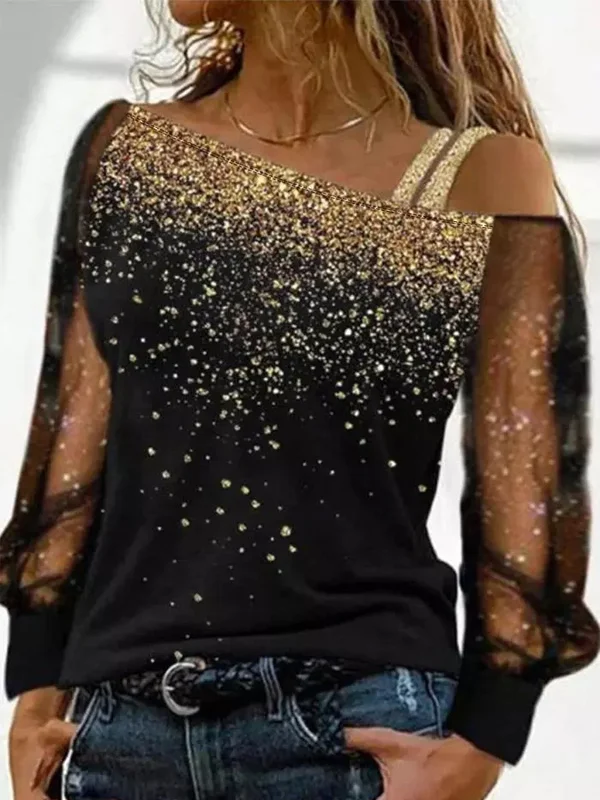 Women's Off-shoulder Printed Hot Diamond Shiny Long-sleeved Top