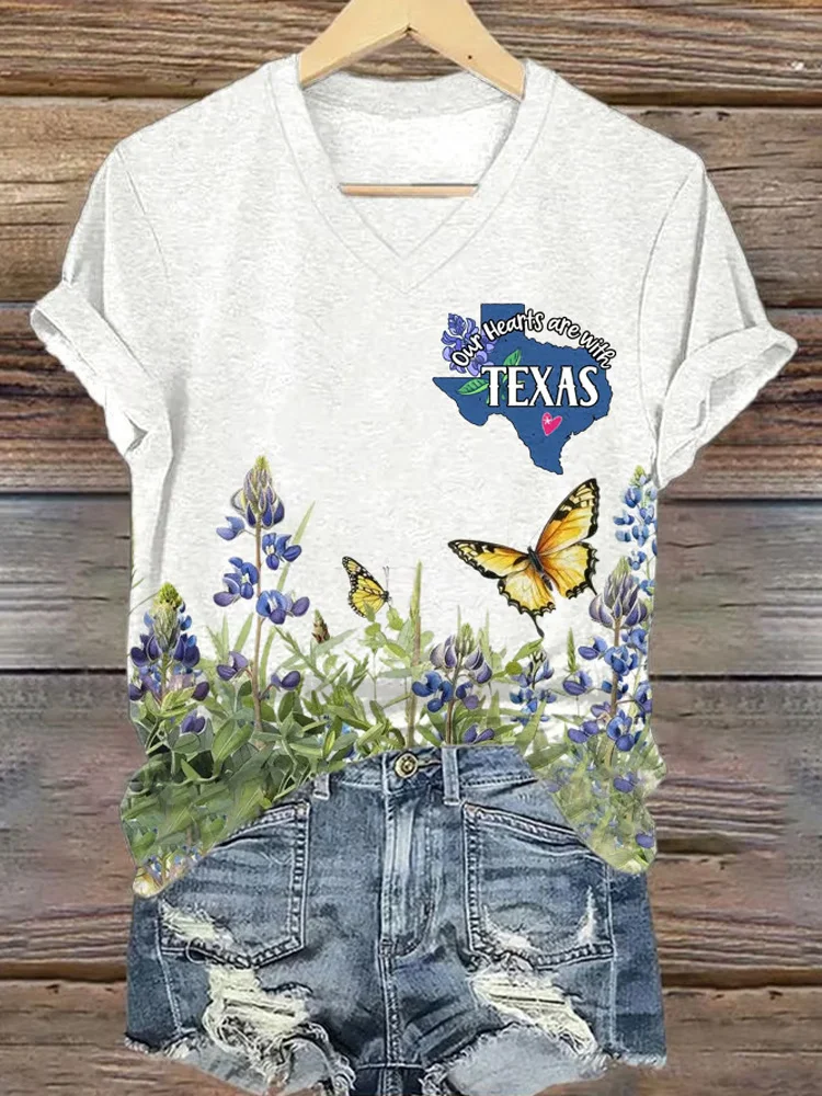VChics Women's Our Hearts Are With Texas Print V-neck T-shirt