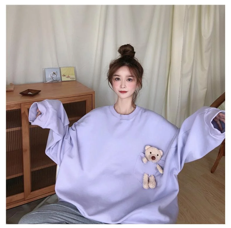 Harajuku Chic Crewneck Women Sweatshirt Pullover Hoodies Solid Color Oversized Bear Female Clothes Loose Cute Kawaii Sweetshirt