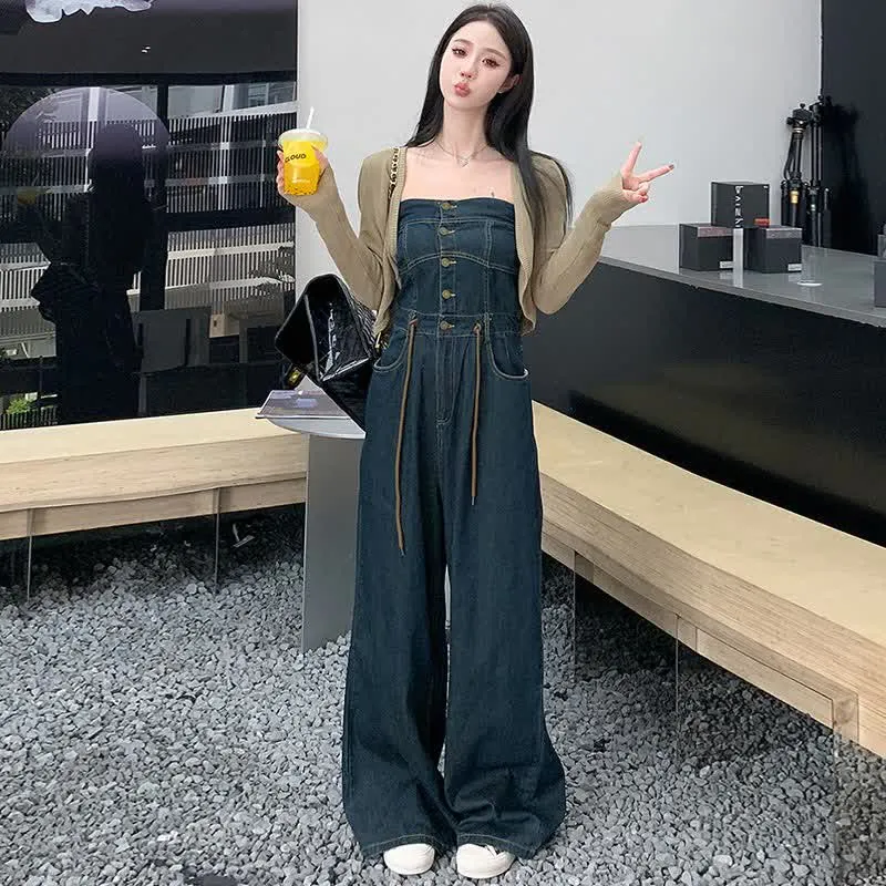 Pure Color Knit Cardigan Off The Shoulder Lace Up Denim Overalls