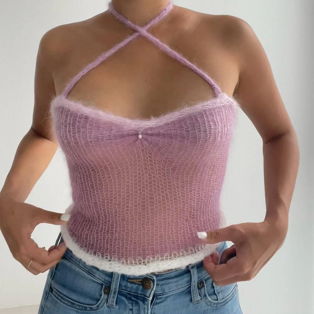 Halter Neck Y2K Women Crop Top Backless Sexy Sleeveless Green Off Shoulder Tank Tops 2022 Summer Casual Cami Party Knit