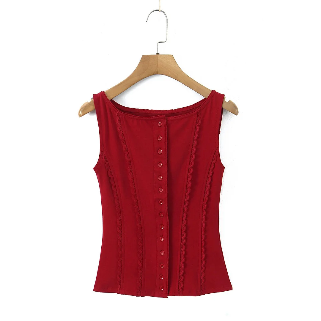 Toloer Buttoned Lace Trim Tank Top-Outfit Ideas