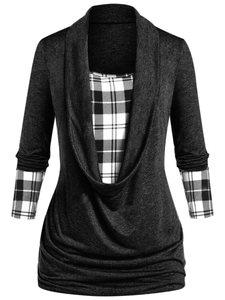 Colorblock Check Long Sleeve Stand Collar T Shirt