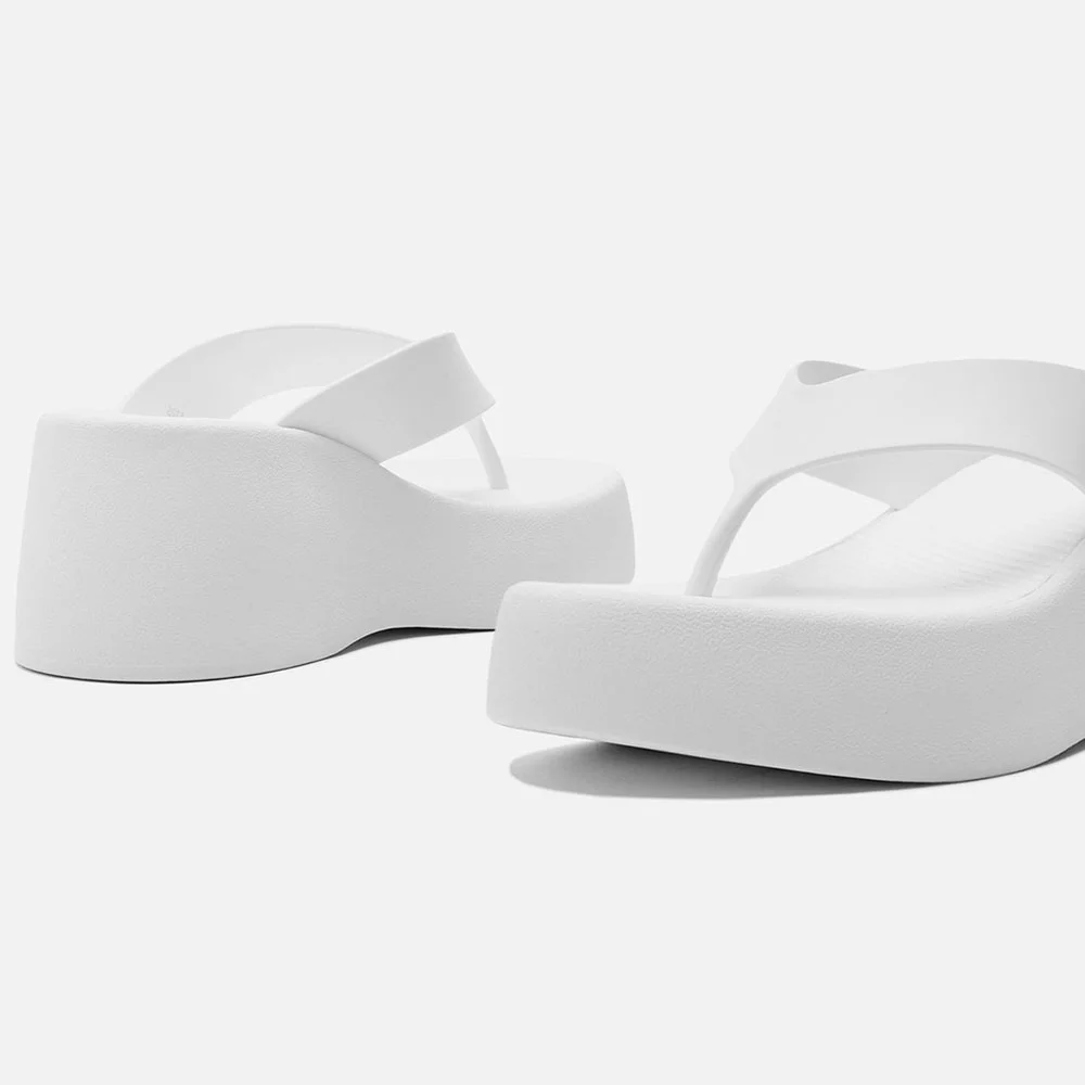 YDN White Open Round Toe Flip Flop Casual Platform Heel Sandals