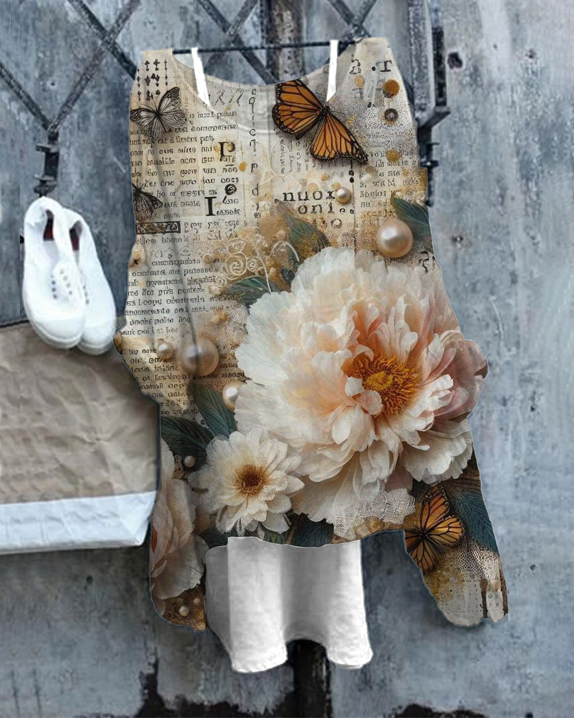 Women's Vintage Flower and Pearl Print Linen Blend Flowy Tunic