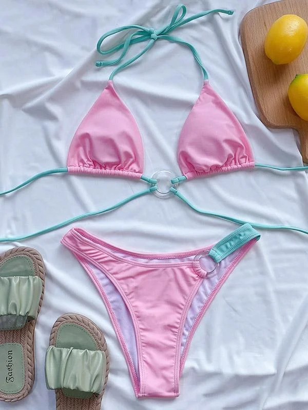 Contrast Color Embellished Triangles Split Bikini Swimsuit