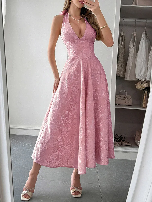 Backless Drawstring Jacquard Pleated Solid Color Tied A-Line High Waisted Deep V-Neck Midi Dresses