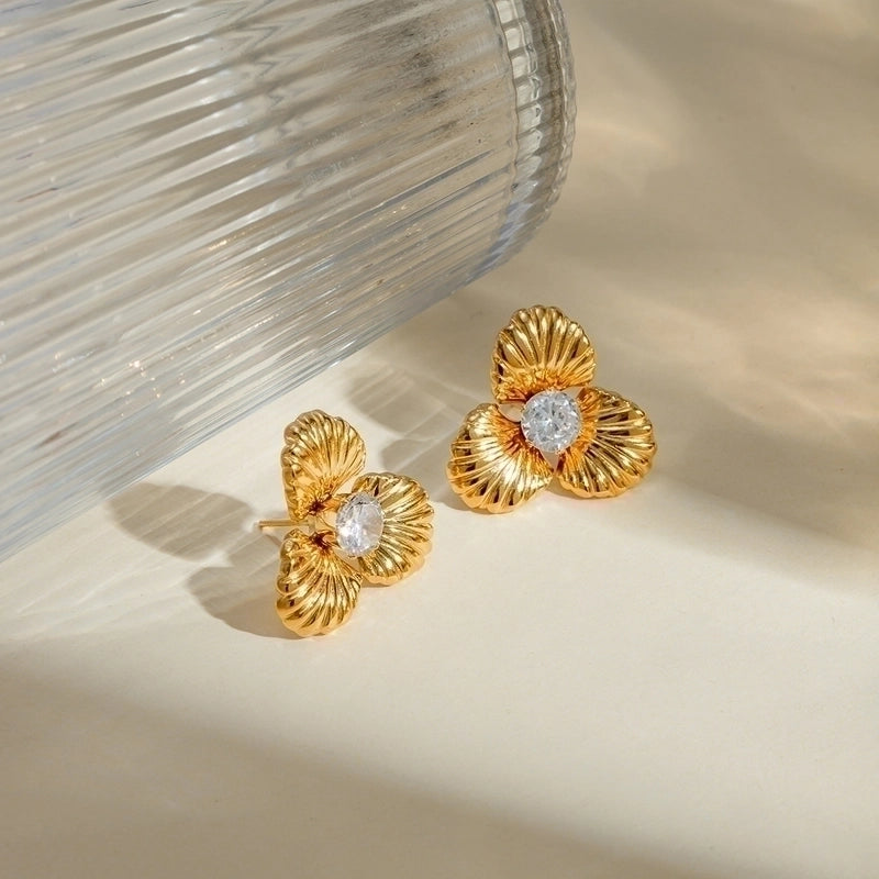 1 Pair Minimalist Classic Style Petal Plating Inlay 304 Stainless Steel Zircon 18K Gold Plated Ear Studs
