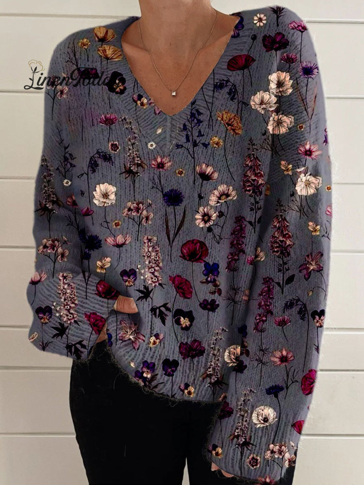 Women’s Flower Print Casual V-Neck Pullover Knit Multicolor / M