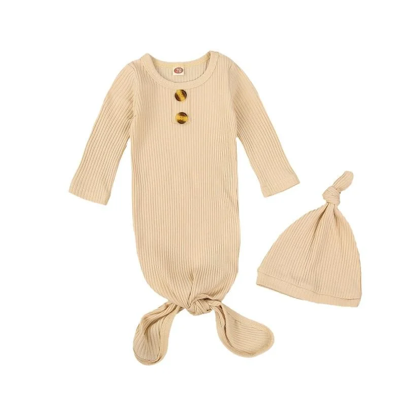 Fashion Solid Color Baby Quilt and Hat Long Sleeve Newborn Wrap Comfort Ribbed Sleeping Bag & Cap Set