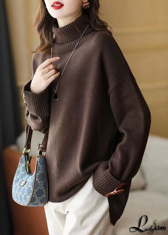 Art Chocolate Turtle Neck Low High Design Knit Sweater Winter