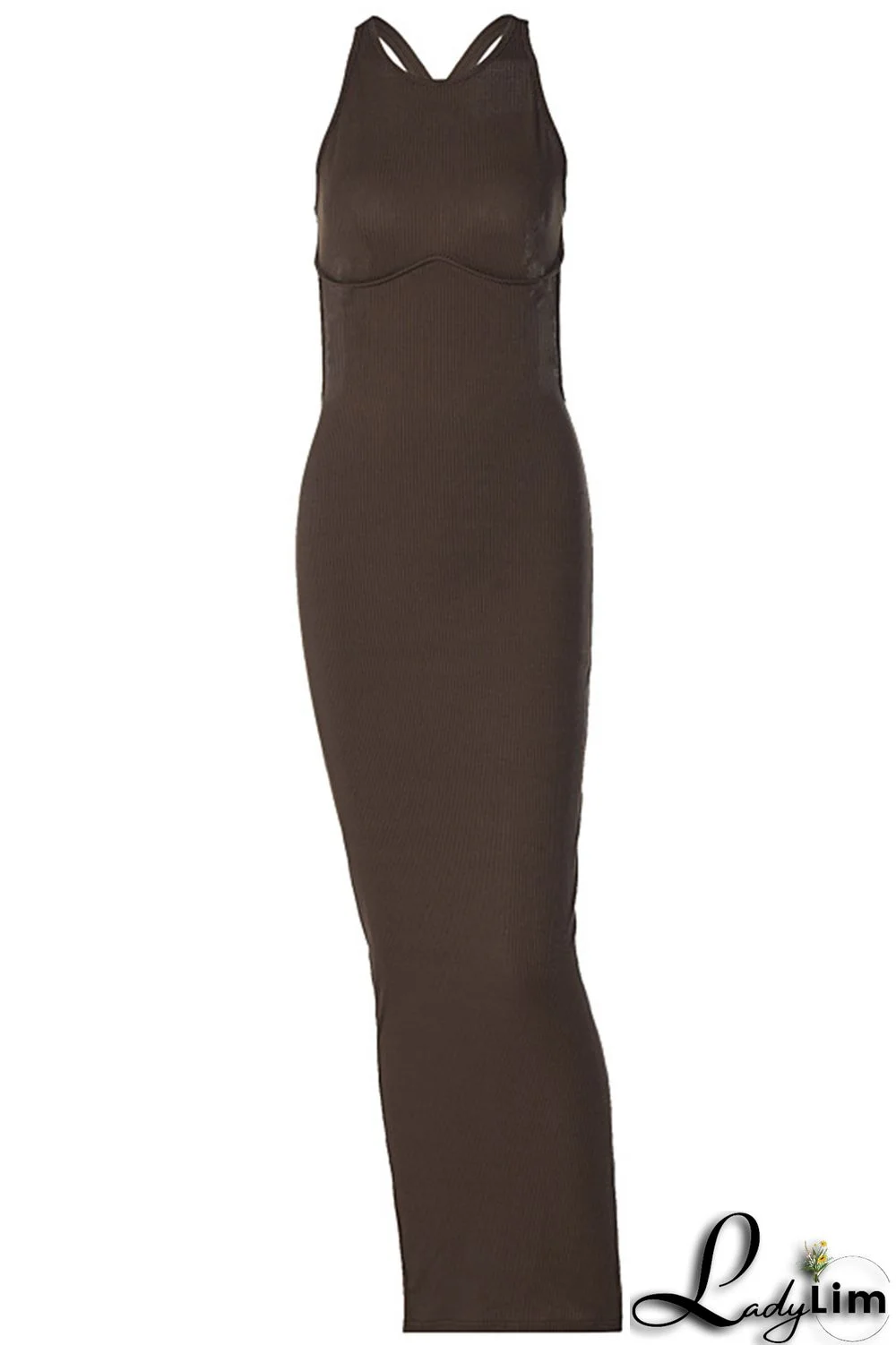 Coffee Fashion Sexy Solid Backless O Neck Sleeveless Dress Dresses