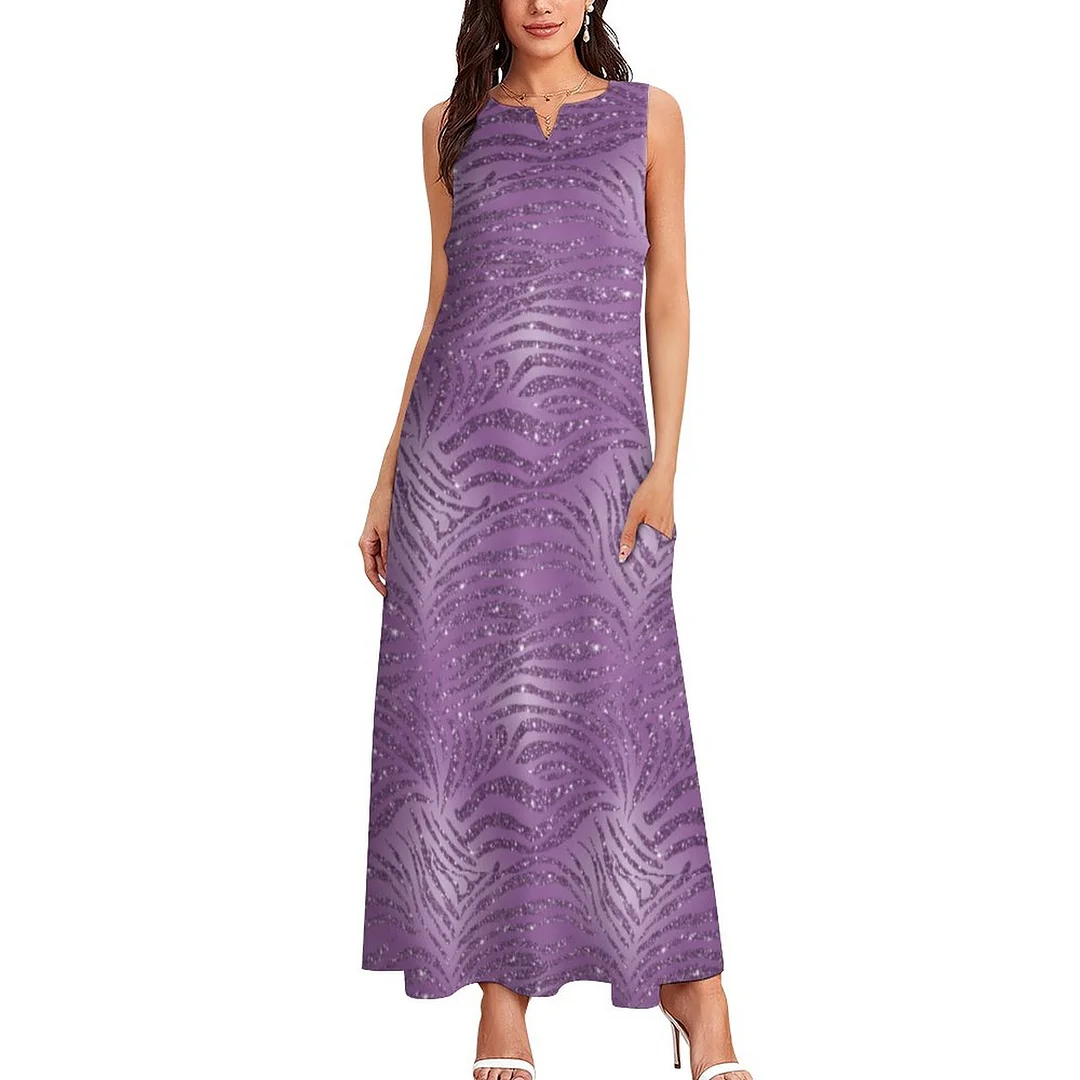 Purple Glitter Tiger Stripes Womens Plus Size Long Boho Dresses Loose V Neck Sleeveless Maxi Dress with Pockets