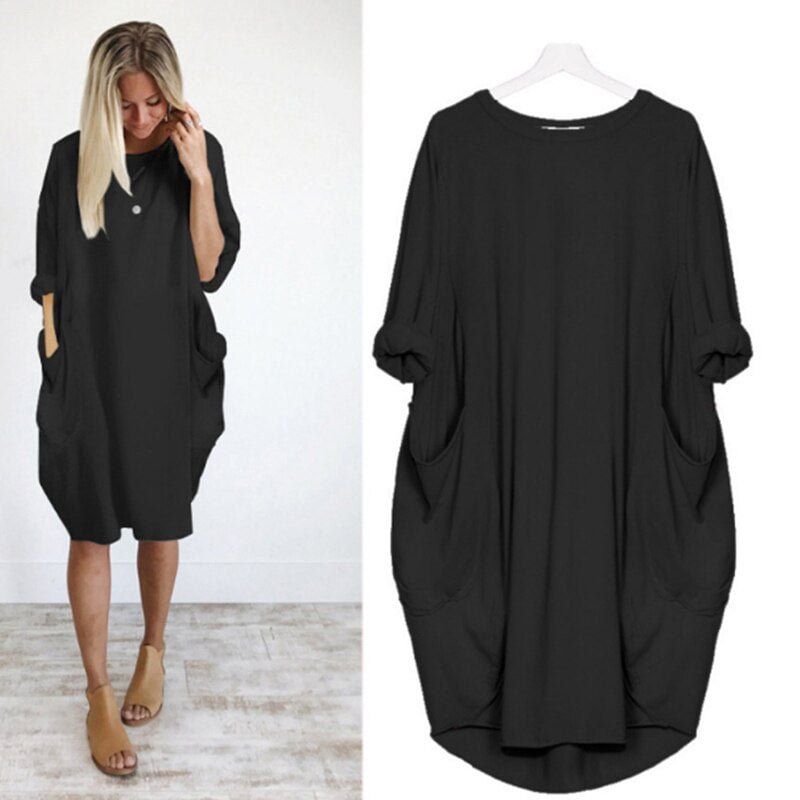 Women's Dress Pocket Loose Dress Ladies O Neck Solid Casual Dress Women Party Dresses Women Dresses Summer 2021 Plus Size S-5XL