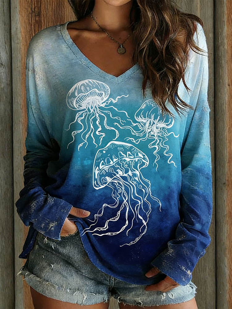 Retro Jellyfish Pattern Casual V-neck Long-sleeve T-shirt wearshes