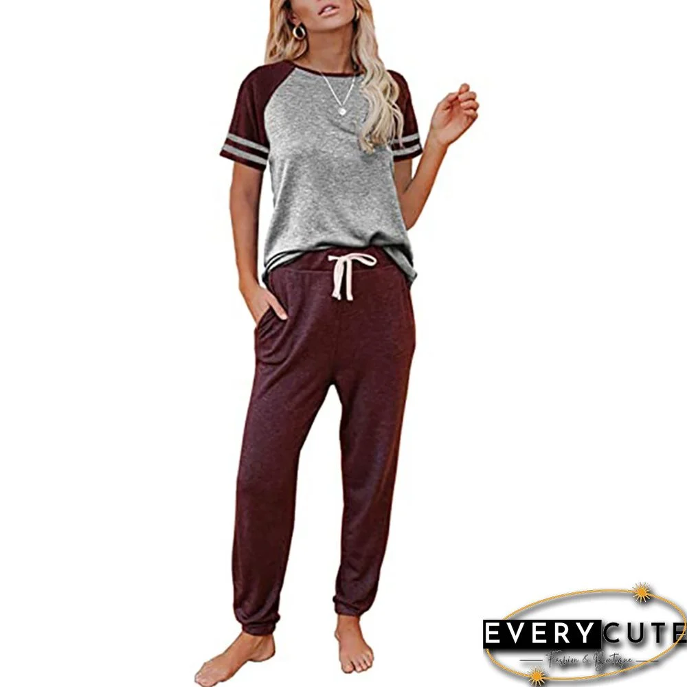 Wine Red Contrast Gray Cotton Blend Short Sleeve with Pant Set