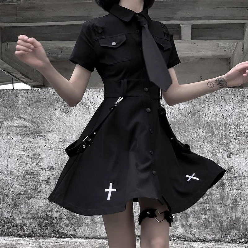 HOUZHOU Gothic Dress Women Goth Strap Patchwork Black Dress Dark Academia Preppy Style Uniform Summer Punk Harajuku Streetwear